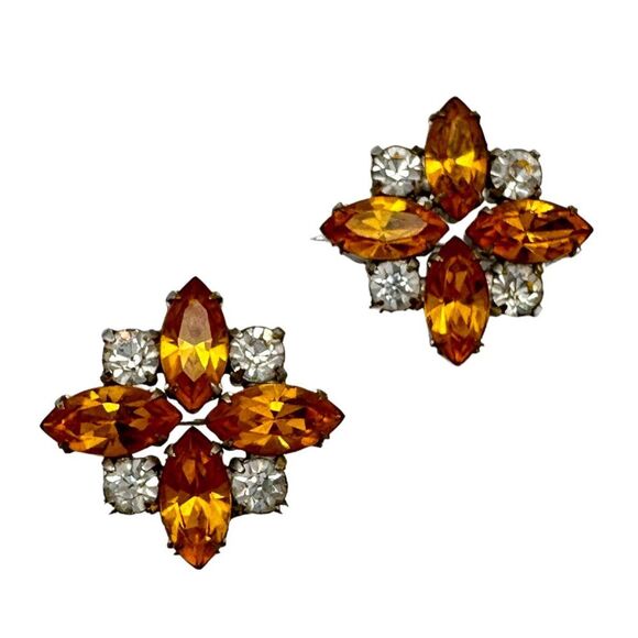 Vintage Rhinestone Sweater Pins Scatter Pins Orange Citrine Marquis Floral - Picture 1 of 6